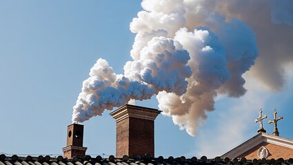 Factory chimney emits smoke, polluting the blue sky with industrial fumes, impacting the environment