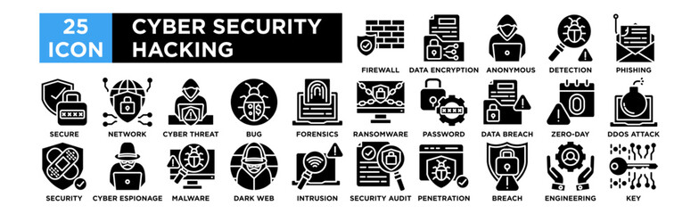 Cyber Security Hacking icon collection set. Firewall Protection, Data Encryption, Anonymous Hacker, Virus Detection, Phishing Attack