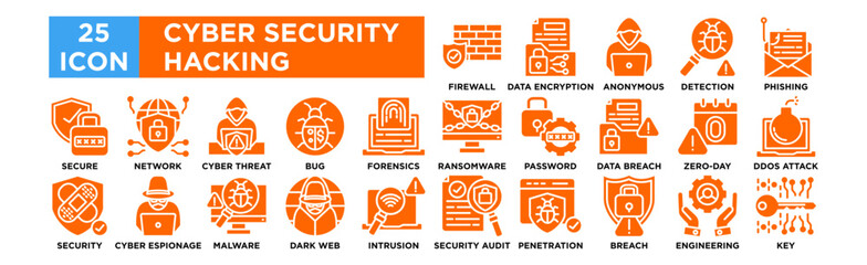 Cyber Security Hacking icon collection set. Firewall Protection, Data Encryption, Anonymous Hacker, Virus Detection, Phishing Attack