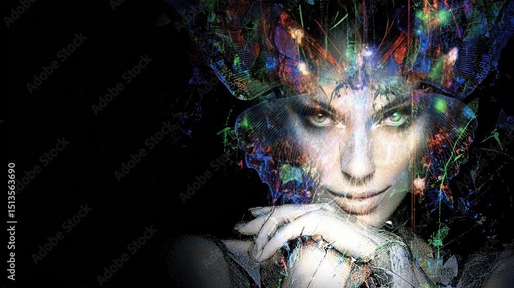 Poster holographic image metamorphoses showcasing human features in vibrant colors and intricate patterns