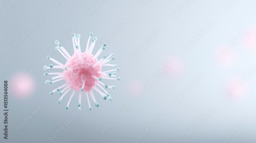 Poster 3d illustration of a pink virus cell with protruding spikes, floating in a soft gradient background,