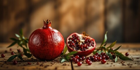 Red Pomegranate Fruit on Wooden Tabletop