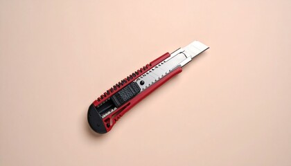 Obraz premium Red Utility Knife on Beige Background Craft Supplies Stationery Tool Cutting Blade Sharp