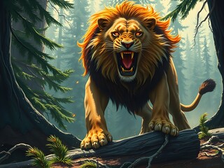 A colossal lion, its mane a tangle of fiery orange and brown, roars in furious rage.  Sparks fly from its eyes, which blaze with incandescent anger.  The forest floor trembles beneath his powerful..