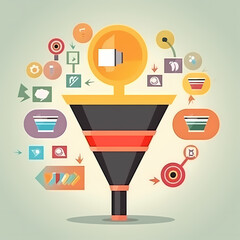 Funnel of Data: Illustrative design features a stylized funnel shape, with various graphical elements. Illustrating the complex process of data processing and analytics.
