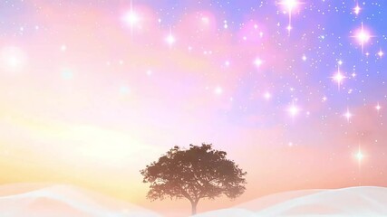 Dreamy pastel landscape with a solitary tree under a sparkling sky. Perfect for fantasy, serenity, or magical themes. - Powered by Adobe