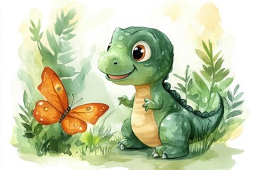 Fototapeta premium A cute baby dinosaur smiles at an orange butterfly in a lush, leafy watercolor forest scene.