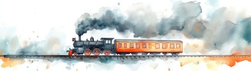 Watercolor illustration of a vintage steam train traveling on tracks with billowing smoke in the background.