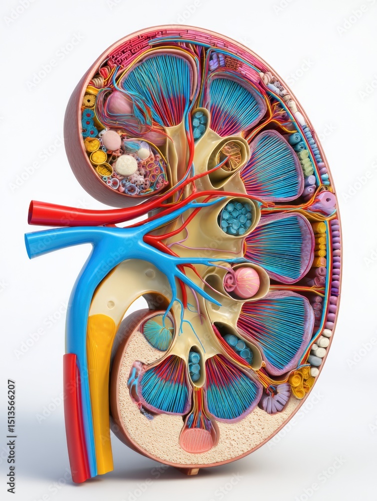 Poster cross-section diagram illustrating detailed anatomy of the kidney with labeled structures