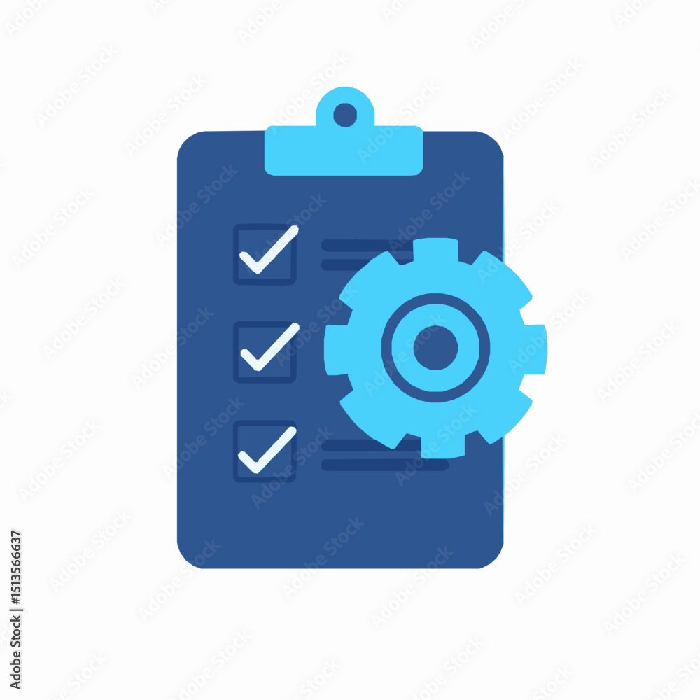 Poster checklist with gear icon representing tasks accomplished and system settings related to the business