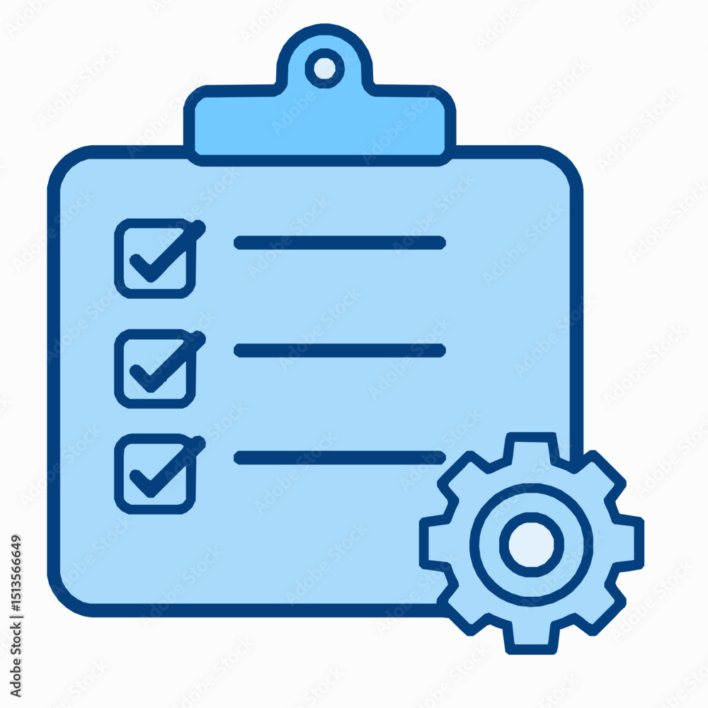Poster checklist on a clipboard with gear symbol representing process and management actions in light blue