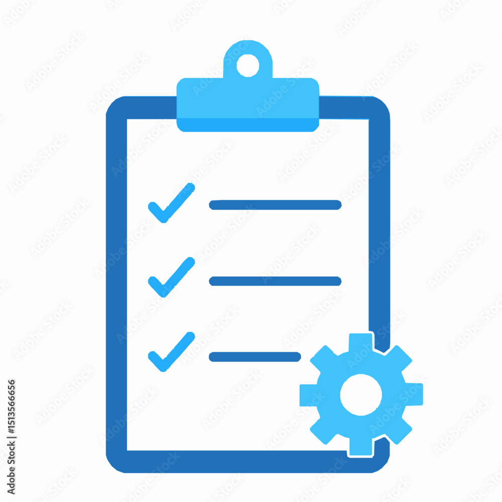 Aufkleber blue clipboard icon depicting process management and workflow completion with checkmarks and gear sy
