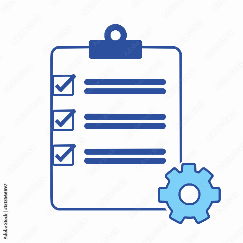 Poster blue clipboard checklist with check marks and gear symbol representing tasks process and project man