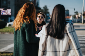 Three women engage in a conversation standing outdoors near a sunny street. The interaction...