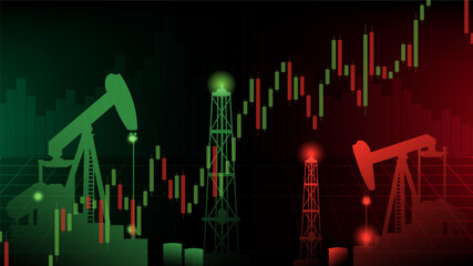 Stock market graph of oil prices showing candlestick chart with pump jack silhouettes