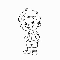 Obraz premium Smiling schoolboy cartoon character with a backpack in black and white outline ready for learning and education