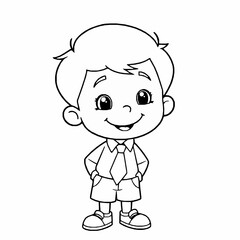 Fototapeta premium Adorable cartoon illustration of a cheerful young boy in school uniform smiling with his hands in pockets ready for coloring or further use