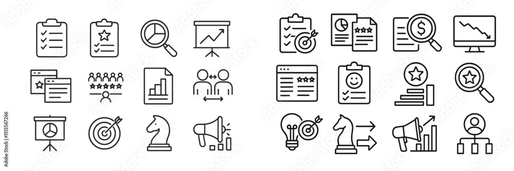 Poster icons representing business analytics and marketing strategies on a digital platform illustrating va