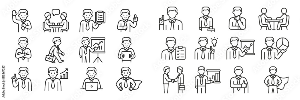 Poster collection of business icons illustrating various professional activities and interactions in a corp