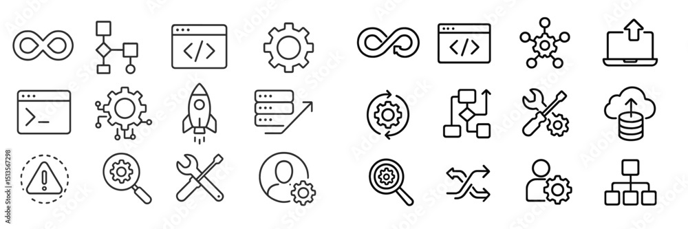 Poster collection of line icons representing technology concepts, tools, and workflows in a minimalist desi