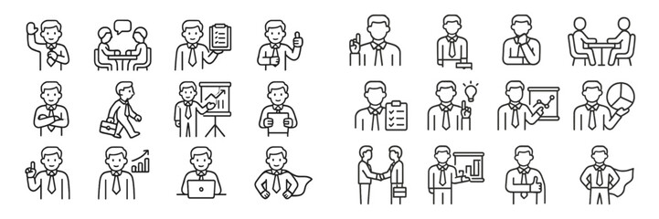Collection of business icons illustrating various professional activities and interactions in a corporate setting with animated figures