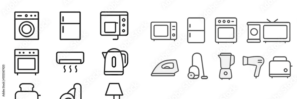 Poster collection of kitchen and home appliances in simple line art style displayed on a white background