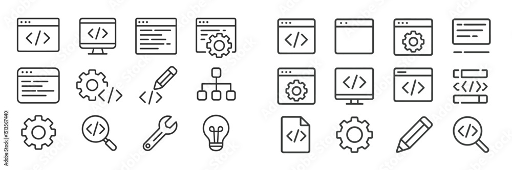 Fototapete Collection of programming and coding icons featuring various tools and symbols related to web development