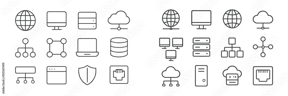 Poster collection of network and internet icons illustrating technology concepts and connections