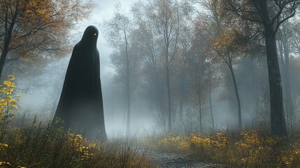 An ominous cloaked figure haunts a foggy autumn forest creating a haunting scene soft light and