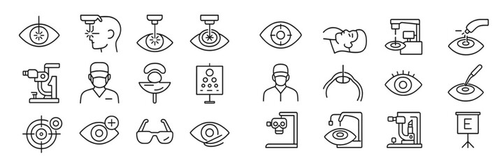 Icons representing eye care procedures and equipment in a minimalist design used for medical illustrations of ophthalmology practices