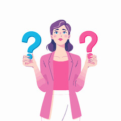 Confused businesswoman holding question marks symbolizing doubt and uncertainty against a white background in a flat vector illustration