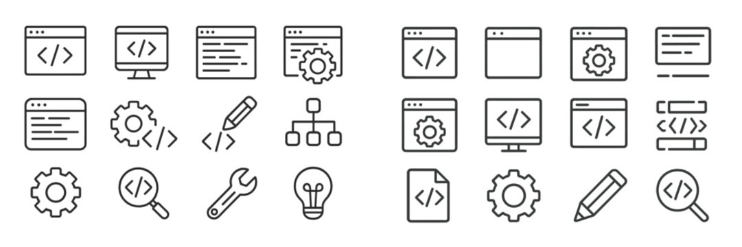 Collection of programming and coding icons featuring various tools and symbols related to web development