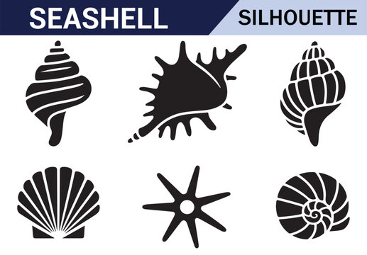 Minimalist black and white starfish and shell silhouettes with artistic patterns for creative designs.