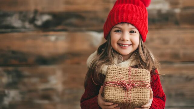 A smiling girl with a red knit hat and sweater holds a present wrapped in burlap against a rustic wood background, radiating warmth and festive cheer. 