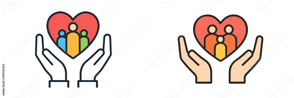Poster symbols of community care and support illustrated through hands and hearts representing unity and fa