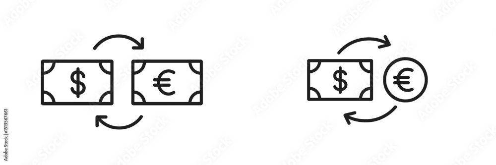 Poster currency exchange symbols featuring dollar and euro with arrows illustrating conversion process