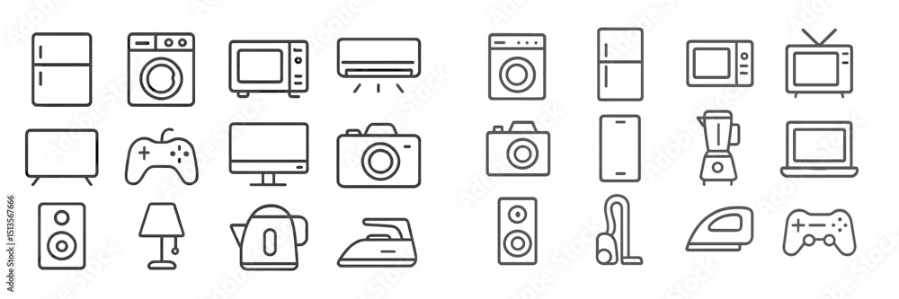 Poster home appliances and electronics in a minimalist illustration showcasing various household items in a
