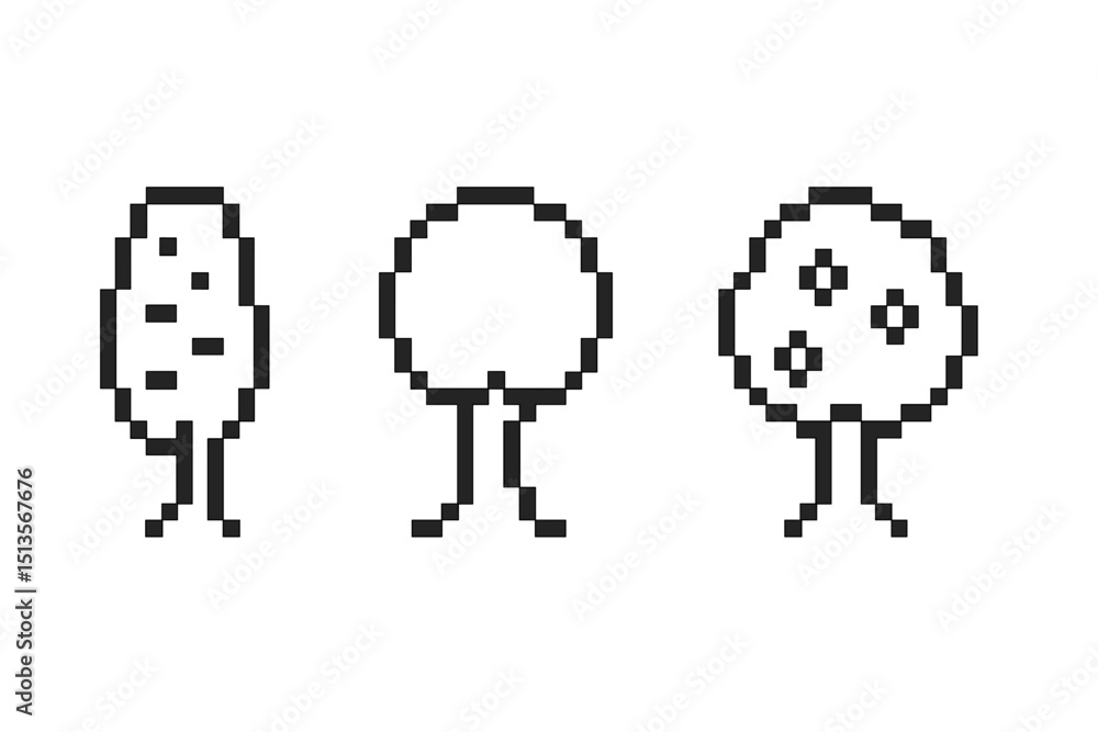 Poster Pixel art trees displayed in a minimalist style, showcasing various designs and shapes during a creative digital art session