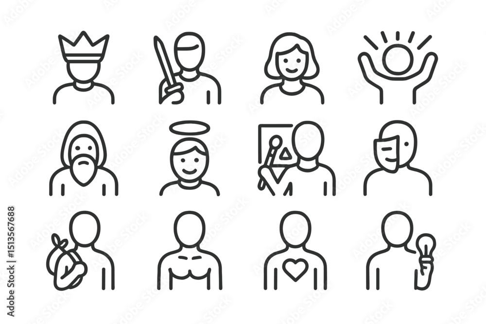 Poster icons representing various characters and emotions in a simple and minimalistic design format