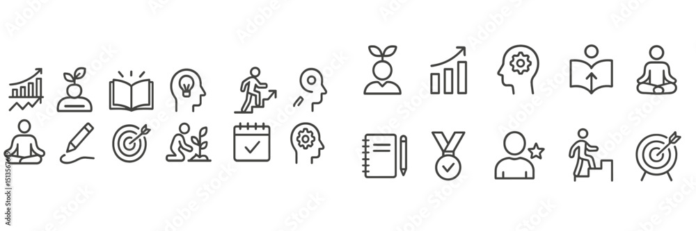 Poster collection of minimalistic icons representing growth, learning, and achievement in personal developm