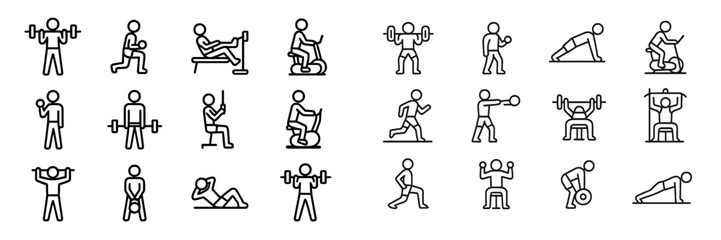 Diverse fitness activities showcased through simple line icons, capturing various exercises in a gym setting