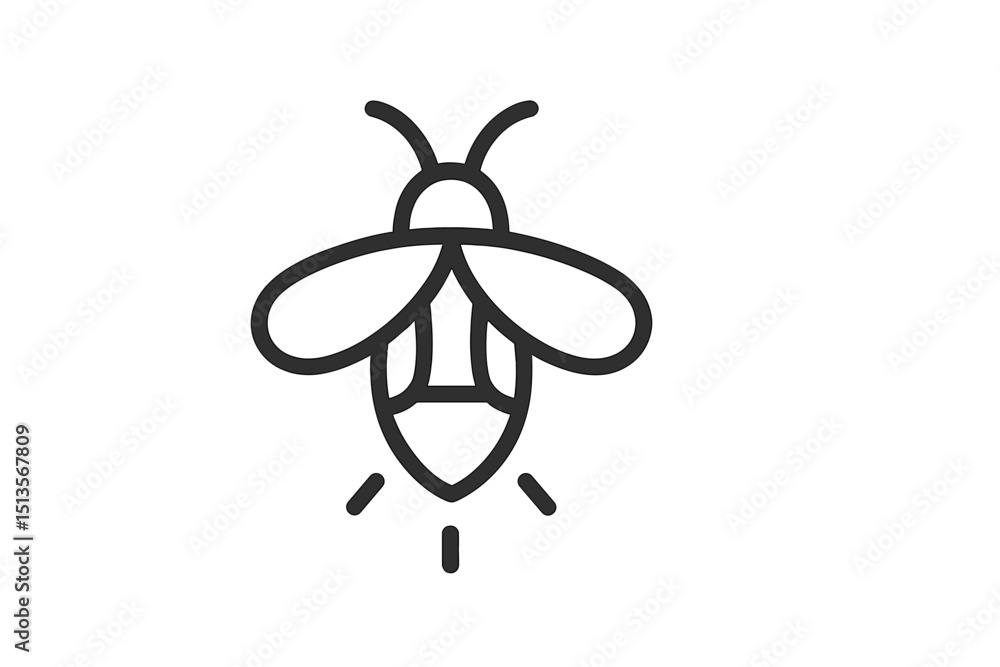 Poster yellow outline of a bee flying over a light source in a simple, minimalist design on a white backgro