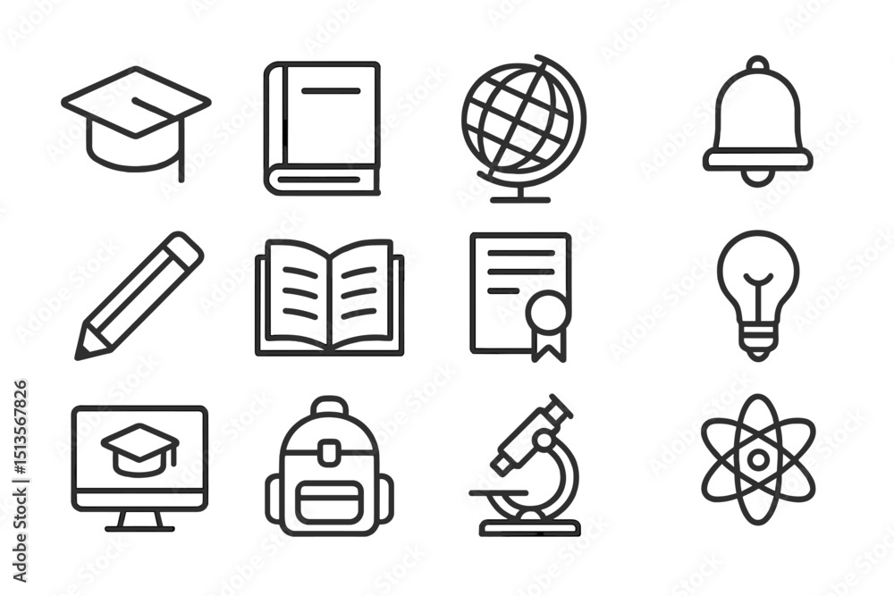 Poster collection of educational icons depicting learning tools and symbols commonly used in schools and cl