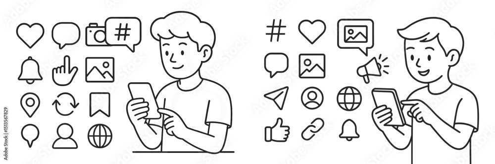 Poster person engaging with smartphone icons representing social media and communication in a minimalistic 