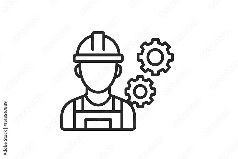 Poster Construction worker with hard hat and gears in a design symbolizing engineering and technical work in modern industry