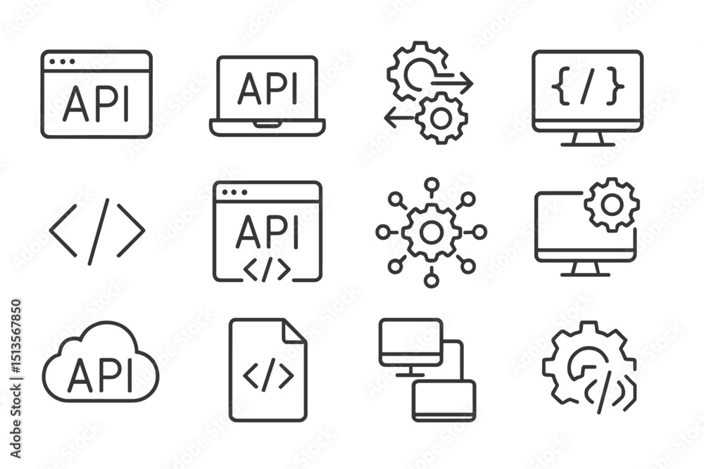 Poster collection of api icons representing various functionalities and connections in technology and softw