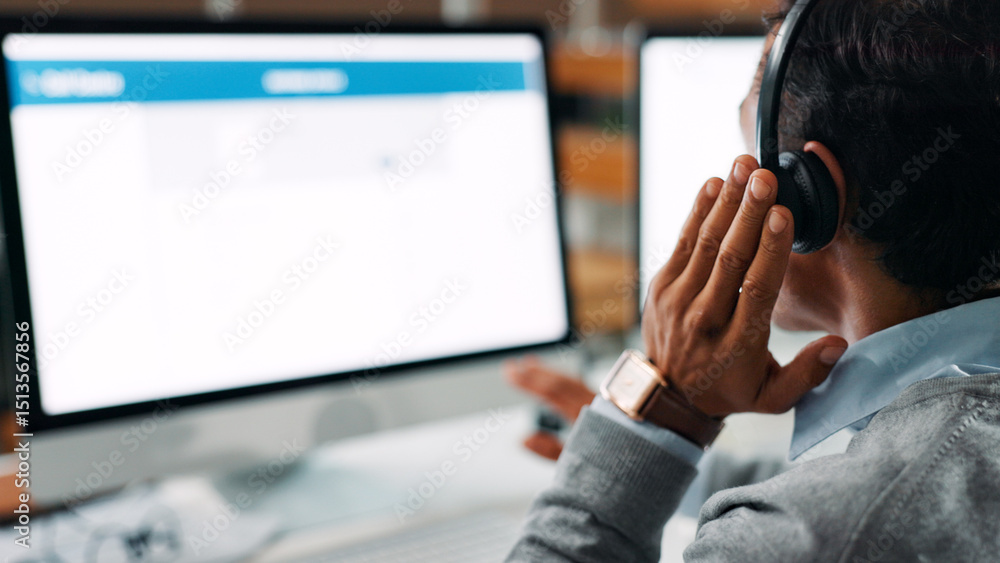 Fototapete computer, screen and man with headset in call center for help or online assistance. communication, c