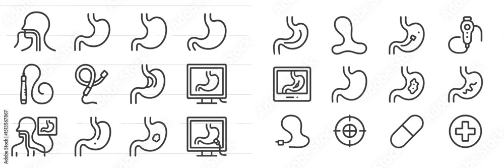 Poster collection of unique line icons representing digestive health concepts and related activities