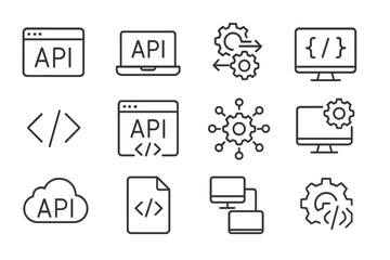 Plakat Collection of API icons representing various functionalities and connections in technology and software development
