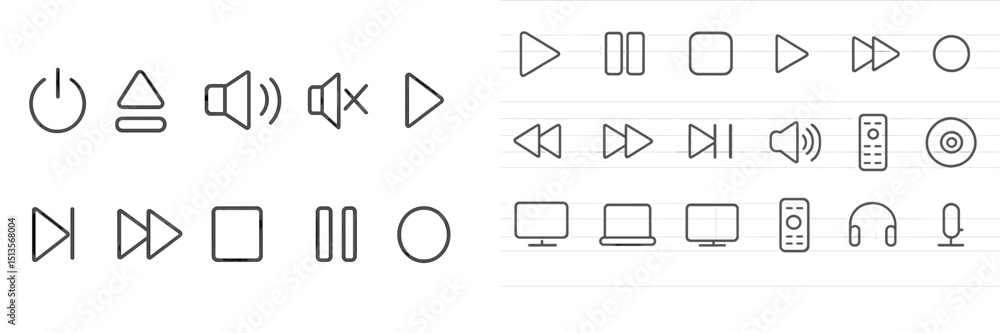 Leinwandbilder Collection of various multimedia control icons designed in a minimalist style on a lined notebook paper background